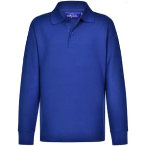 A blue long sleeve polo shirt made from traditional poly/cotton pique knit, featuring a three-button placket and a collar.