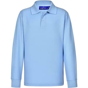 A light blue long sleeve polo shirt made from a poly/cotton blend, featuring a collar and buttons.