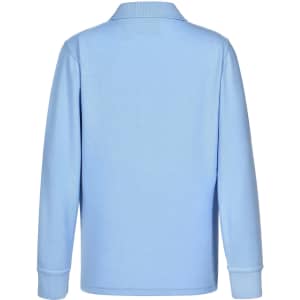 A light blue long sleeve polo shirt made from traditional poly/cotton pique knit, featuring a collar and logo.