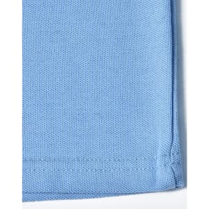 A blue traditional poly/cotton pique knit long sleeve polo shirt with a hem detail and a logo.