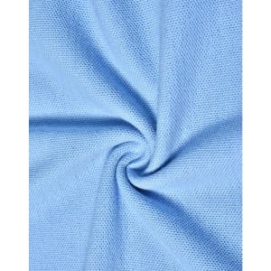 A close-up view of light blue poly/cotton pique knit fabric with a textured weave, showcasing its softness and drape.