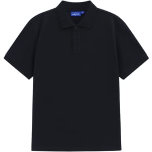 A navy blue men's classic cotton/poly pique short-sleeve polo with a collar and a logo.