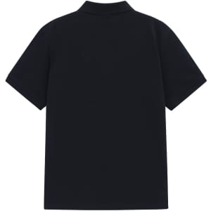 A navy blue men's classic cotton/poly pique short sleeve polo shirt featuring a collar and a logo.