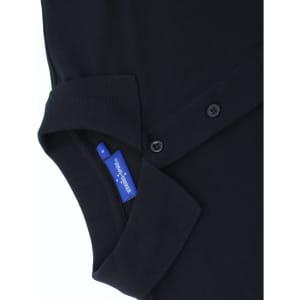 A navy blue men's classic cotton/poly pique short sleeve polo featuring a collar and button placket.