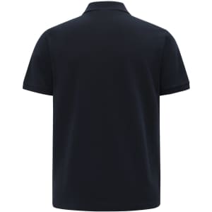A navy blue short-sleeved polo shirt with a flat collar and a logo displayed.