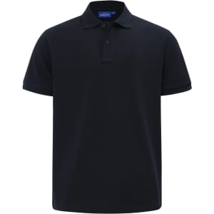 A men's short-sleeve polo shirt in navy blue, featuring a collar and a logo on the chest.