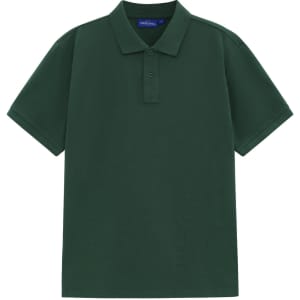 A green short-sleeve cotton/poly pique polo shirt with a collar and a logo.