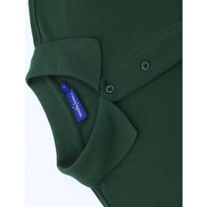 A green men's classic cotton/poly pique short sleeve polo, featuring a collar and buttons, with a branding label.