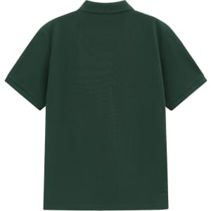 A dark green men's classic cotton/poly pique short-sleeve polo shirt with a collar and no visible branding.