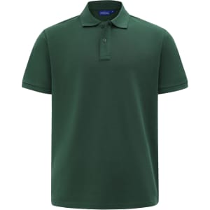 A green short-sleeve polo shirt made of cotton and polyester, featuring a collar and a logo.