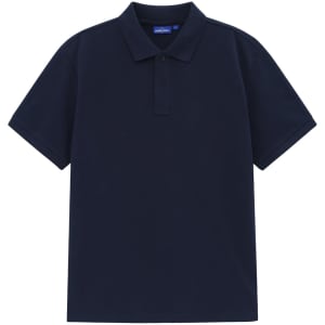 A navy blue men's classic cotton/poly pique short sleeve polo shirt with a collar and buttons.