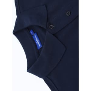 A navy blue men's classic cotton/poly pique short sleeve polo with a collar and buttons. Features a logo.