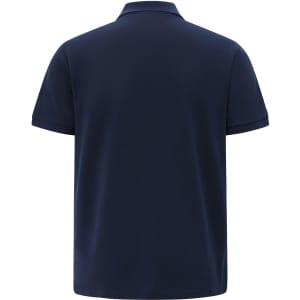 A navy blue men's short-sleeve polo shirt with a classic cotton/poly pique fabric and a logo on the back.