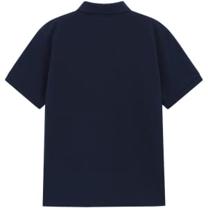A navy blue men's classic cotton/poly pique short sleeve polo featuring a collared design and a branding logo.