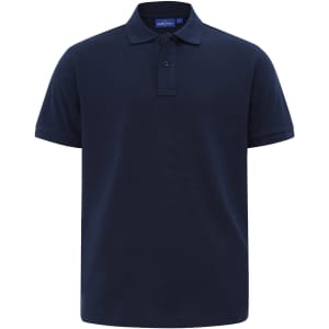 A navy blue short-sleeve polo shirt with a classic cotton/poly pique texture and a collar, featuring a logo.