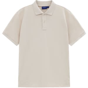 A men's short-sleeve polo in a soft beige colour, featuring a collar and a logo on the chest.