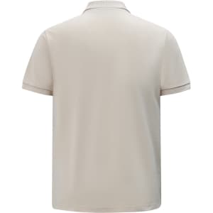 A light beige men's classic cotton/poly pique short-sleeve polo with a collar and a logo.