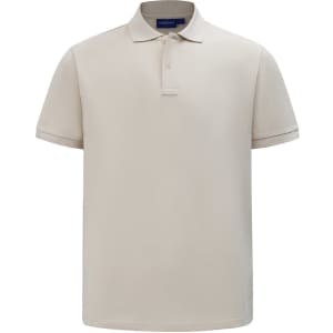 A men's classic short-sleeve polo in a light beige colour, featuring a collar and button placket. It has a logo on the chest.