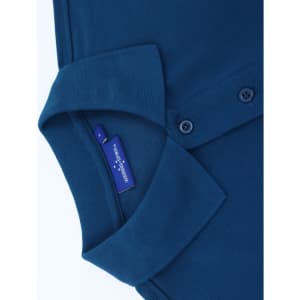A navy blue men's classic cotton/poly pique short sleeve polo, featuring a folded collar and buttons.