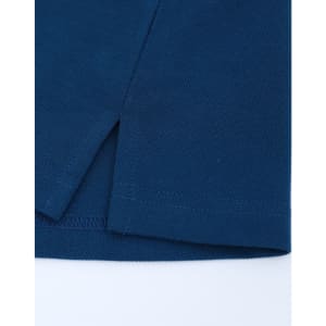 A navy blue men's polo featuring a pique texture and side vents at the hem. It has a logo.