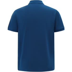 A navy blue men's classic cotton/poly pique short-sleeve polo shirt with a logo on the back.