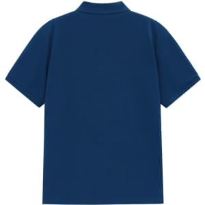 A navy blue men's classic cotton/poly pique short sleeve polo shirt, featuring a back view and a collar.