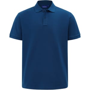 A men's short-sleeve polo in a deep navy blue, featuring a classic collar and a logo on the chest.