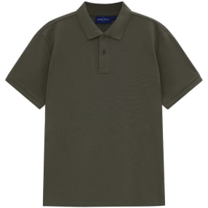 A men's short-sleeve polo in olive green, featuring a classic collar and a logo.