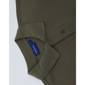An olive green men's classic cotton/poly pique short sleeve polo, featuring a collar and buttons. It has a logo.