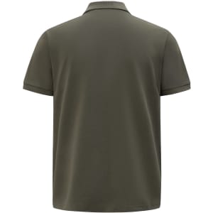 A men's short-sleeve polo shirt in a deep olive green colour, featuring a collar and a logo on the back.