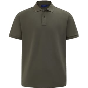A men's classic short-sleeve polo in a deep olive green, featuring a collar and a placket with buttons. It has a logo.