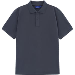 A men's short-sleeve polo in dark navy cotton/poly pique fabric, featuring a collar and three buttons.