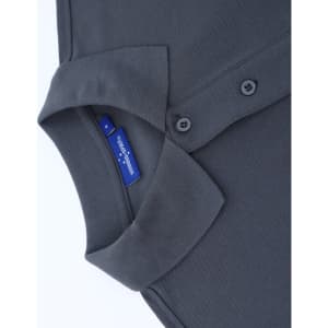 A grey short-sleeve polo shirt made of cotton and polyester, featuring a collar and button placket, with a logo.