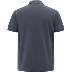 A navy blue men's short-sleeve polo shirt with a classic pique texture and a logo on the back.