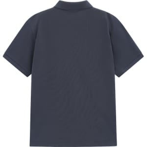 A navy blue men's classic cotton/poly pique short-sleeve polo shirt, featuring a collar and a logo.