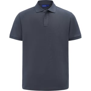 A men's short-sleeve polo in dark grey, made from cotton/poly pique fabric, featuring a branded logo.