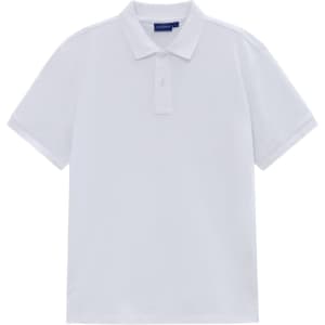 A white men's classic cotton/poly pique short-sleeve polo shirt with a collar and a logo.