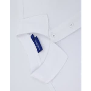 A white men's classic cotton/poly pique short-sleeve polo, featuring a collar and buttoned placket with a logo tag.