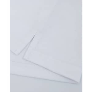 A close-up of a white cotton/poly pique fabric with folded edges, featuring a logo on the corner.