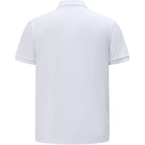 A white men's classic cotton/poly pique short-sleeve polo shirt with a logo on the back.