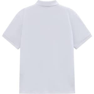 A plain white Men's Classic Cotton/Poly Pique short-sleeve polo shirt with a collar and a back logo.