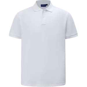 A white classic cotton/poly pique short-sleeve polo shirt with a collar and a logo.