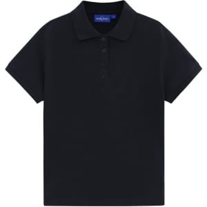 A navy polo shirt with a classic collar and short sleeves, featuring a button placket and a logo.