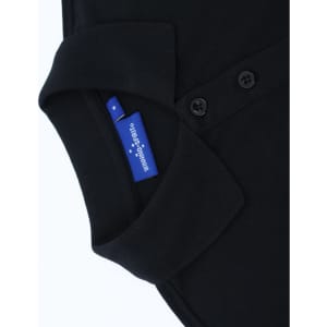 A black ladies' classic cotton/poly pique short-sleeve polo featuring a collar and buttons, with a label visible.