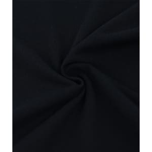A close-up of black cotton/poly pique fabric, showing its soft texture and drape. The image has a swirling pattern.