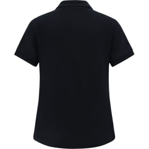 A black ladies' classic cotton/poly pique short-sleeve polo, featuring a collar and a logo.