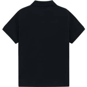 A classic short-sleeve polo shirt in black, featuring a collared neckline and a logo on the back.