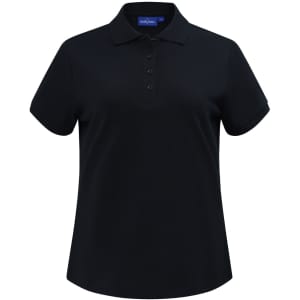 A black women's short-sleeve polo shirt made of cotton/poly pique, featuring a collar and a logo.