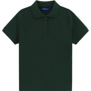A dark green ladies' short-sleeve polo shirt with a classic pique texture and a collar. It features a logo.