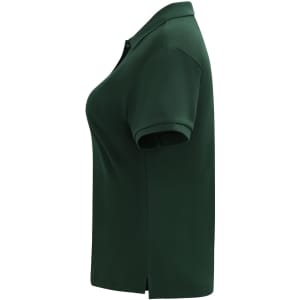 A green ladies' short-sleeve polo shirt made of cotton/poly pique fabric, featuring a collar and side split.